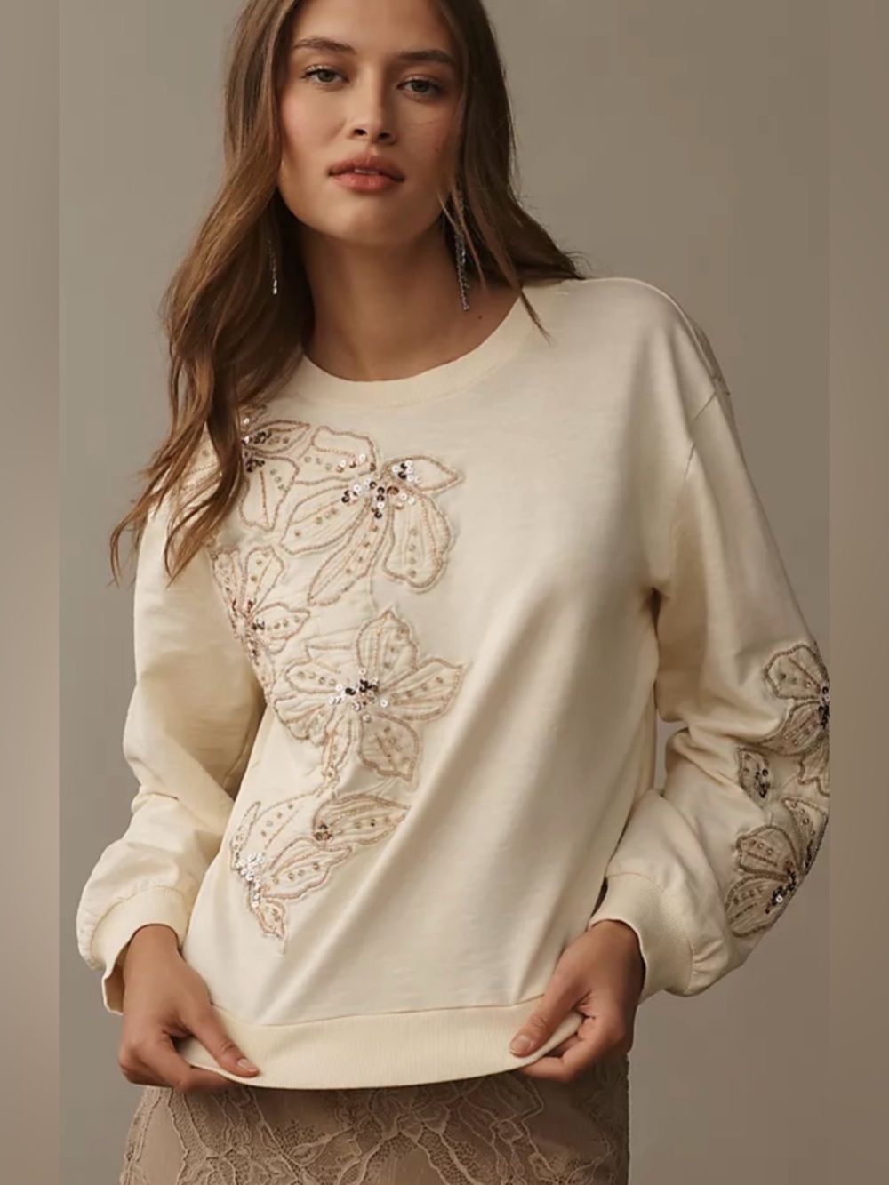 Anthropologie Pilcro Beaded Embroidered Sweatshirt size Small crew neck